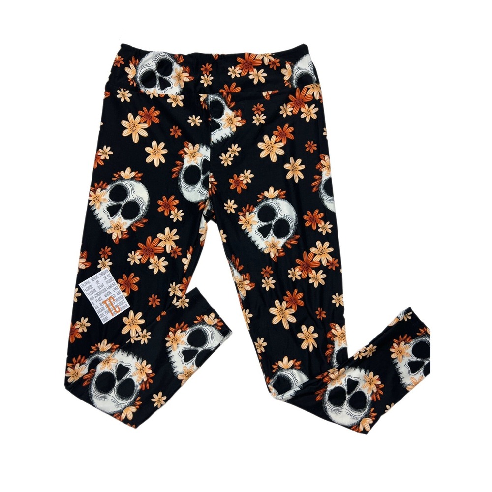Tc LuLaRoe Leggings Halloween Skulls Flowers Black Orange Fits 12/18 Rare